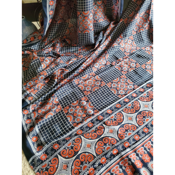 New Women Ajrakh Block Pure Silk Saree With Bp Party Designer Festive - Picture 4 of 10
